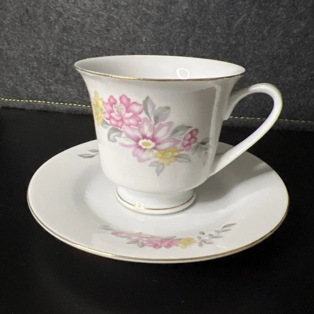 STR China Vintage Pink‎ Purple Yellow Floral Tea Cup and Saucer Gold Accents